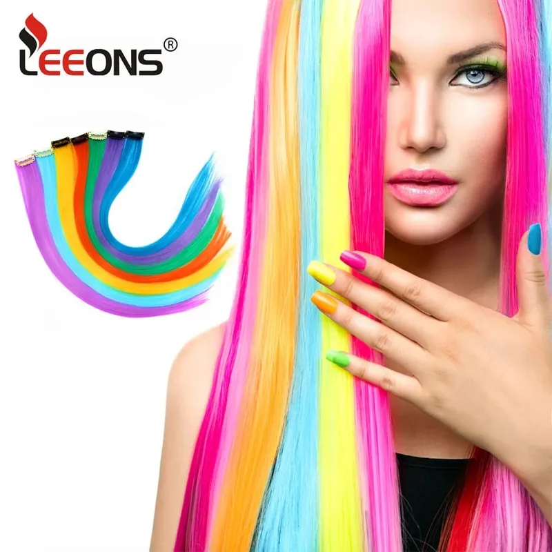 وصلات شعر صناعية من Leeons مع مشبك وصلات شعر مقاومة للحرارة شعر قوس قزح للأطفال والنساء نمط متموج 20 بوصة