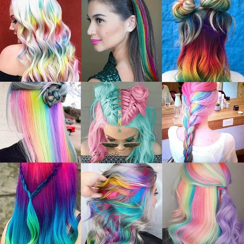 Extensions capillaires synthétiques à reflets colorés de 22 pouces, postiches longues et lisses arc-en-ciel pour femmes et enfants filles, violet, rose, bleu