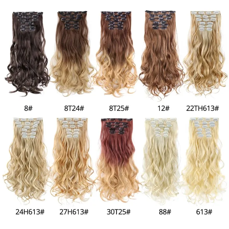 Leeons 16 clipes longos e retos sintéticos clipe em extensões de cabelo cheveux clipe naturel fibra de alta temperatura preto marrom peruca