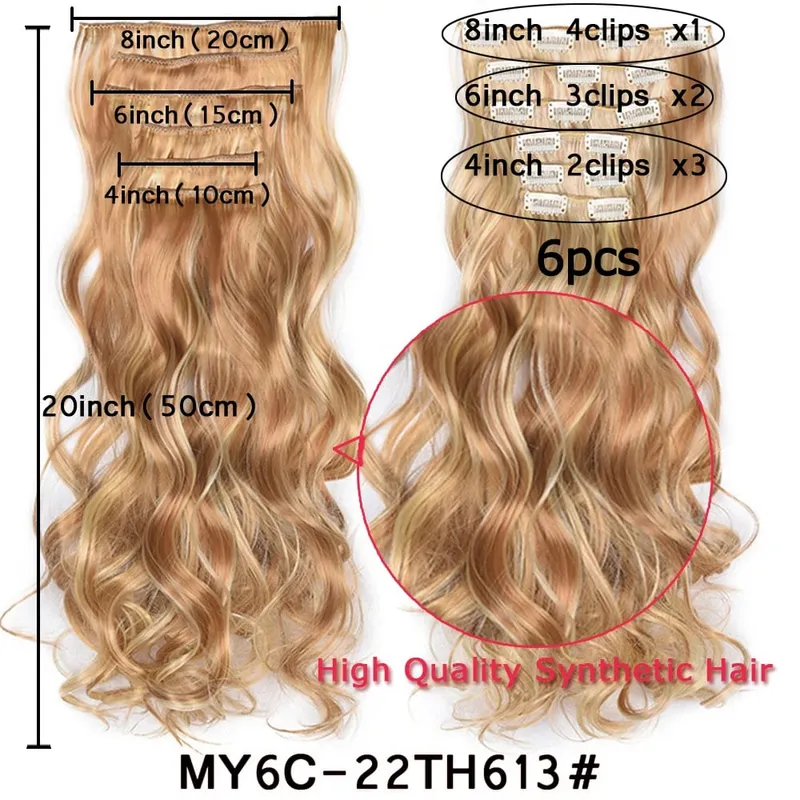 16 Klip Dalam Sambungan Rambut Wanita Sambungan Rambut Gelombang Asli 6 Keping/Set Potongan Rambut Sintetik Potongan Rambut Tahan Panas 20 Inci