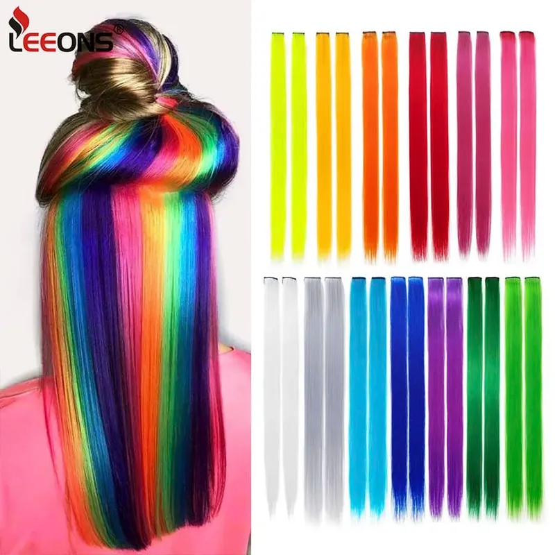 Synthetic Clip In One Pieces Raiinbow Hair Extension Straight Synthetic na Piraso ng Buhok 18" Mahabang Ombre na Buhok Pink Lila Pulang Asul