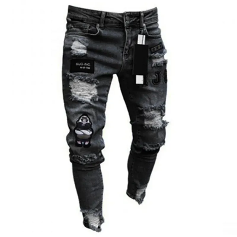 Mga Lalaking Stretchy Ripped Skinny Biker Embroidery Cartoon Print Jeans Destroyed Hole Slim Fit Denim High Quality Hip Hop Black Jeans