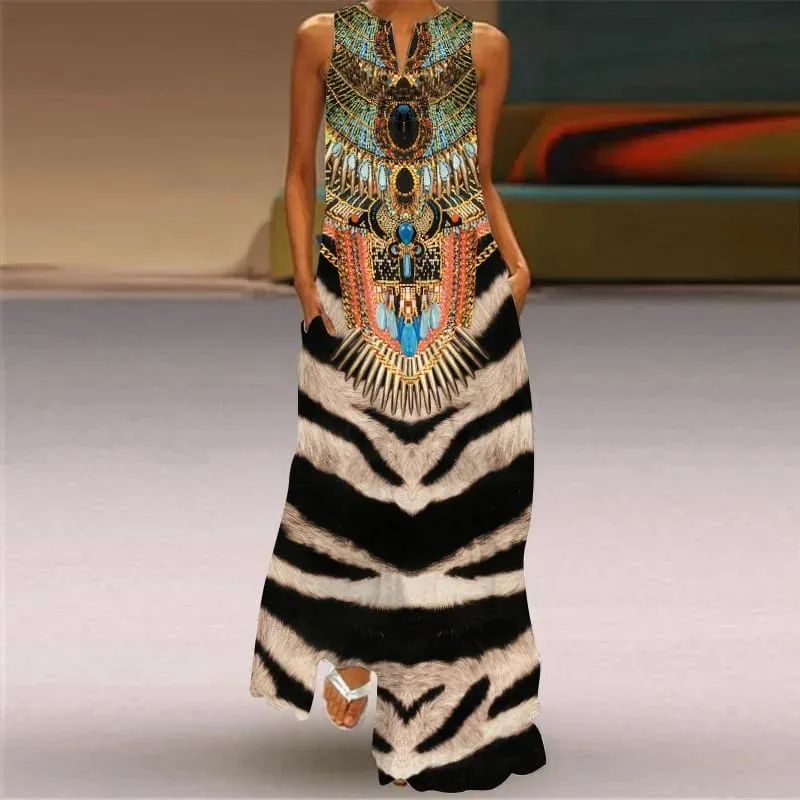 Sexy V-neck Sleeveless Dress For Women Summer Fashion Sundress Retro Print Long Dresses With Pocket Maxi Dress Femme Vestidos