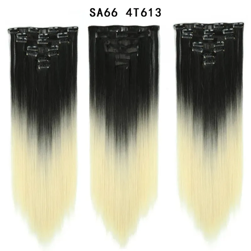 22 Polegada 16 clipes longos e retos extensões de cabelo sintético clipes em fibra de alta temperatura preto marrom ombre hairpiece budabuda