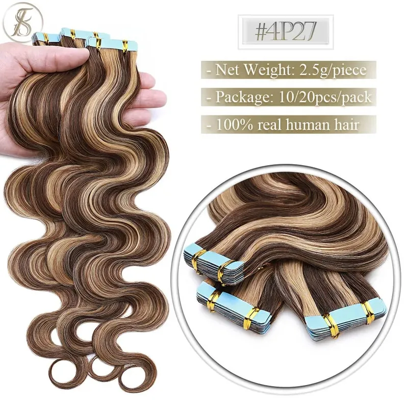 Tess Tape In Hair Extension 2.5g/pc Wavy Natural Hair Extensions Human Hair Adhesive Skin Weft Double Sides Seamless Invisible