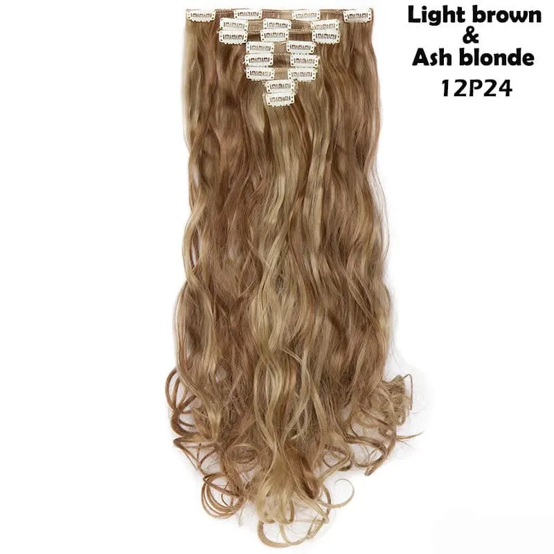 S-noilite Syntetisk 8 Stk/SÆT 24 tommer Clip In One Piece Hårforlængelse Lang Lige Bølget 53 Farve Sort Blond Clip Hårstykke