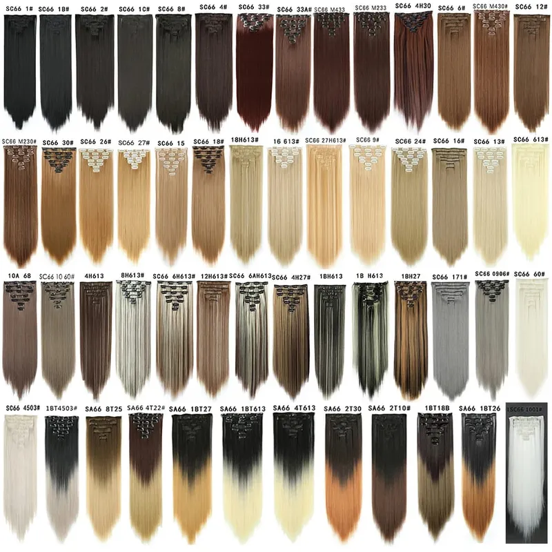 22 Polegada 16 clipes longos e retos extensões de cabelo sintético clipes em fibra de alta temperatura preto marrom ombre hairpiece budabuda