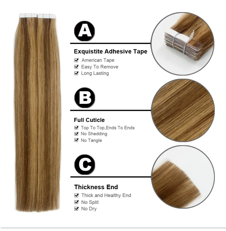 2.0 g/pz 20 "20 Pz Remy Tape nelle estensioni dei capelli Colore pianoforte Estensioni dei capelli umani con trama della pelle dritta senza soluzione di continuità