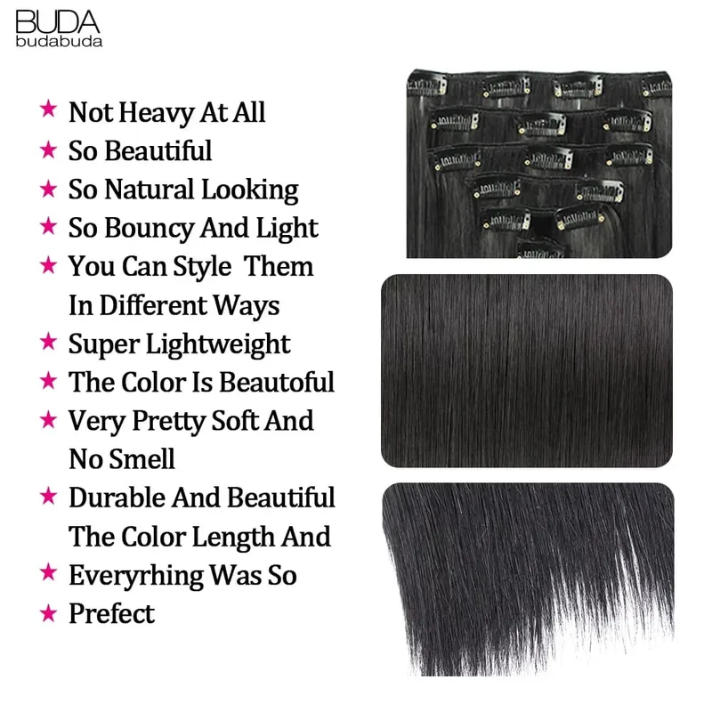 22 Polegada 16 clipes longos e retos extensões de cabelo sintético clipes em fibra de alta temperatura preto marrom ombre hairpiece budabuda