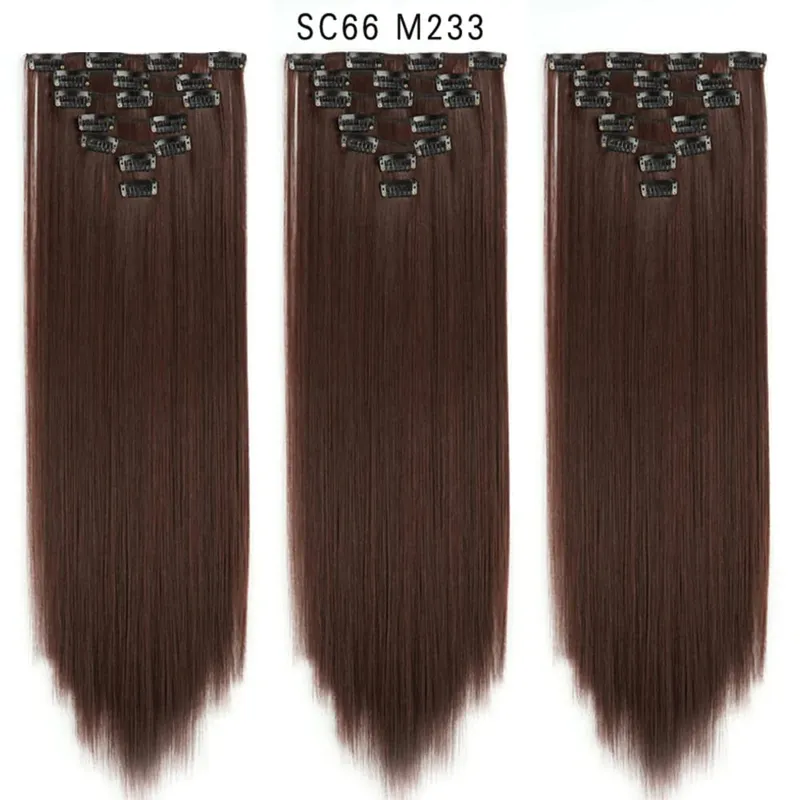 22 Polegada 16 clipes longos e retos extensões de cabelo sintético clipes em fibra de alta temperatura preto marrom ombre hairpiece budabuda