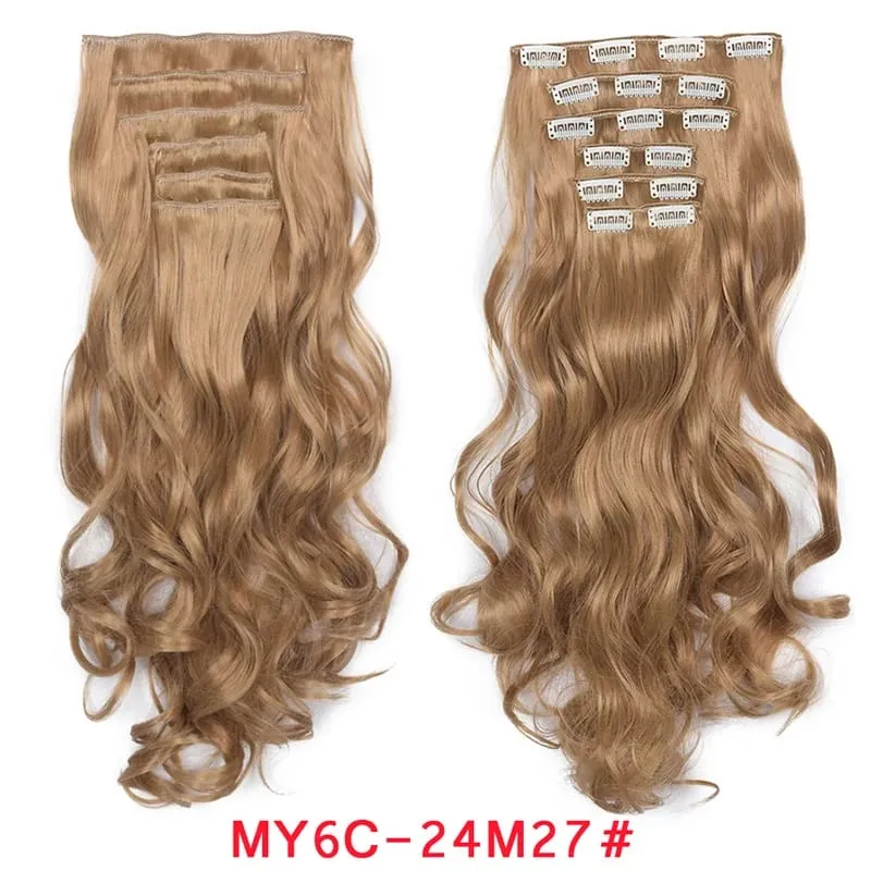 Long Wavy Hair Extensions Synthetic Clip In Hair Extensions Ombre Honey Blonde Dark Brown Thick Hairpieces 6pcs/set 20 Inch