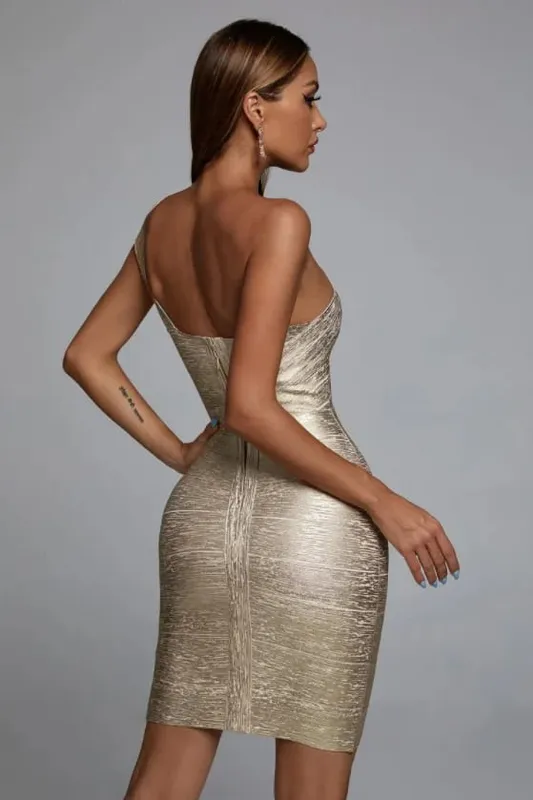 คุณภาพสูงคนดังหนึ่งไหล่Foilingทองพิมพ์เรยอนผ้าพันคอElegant Club Party Dress Vestidos