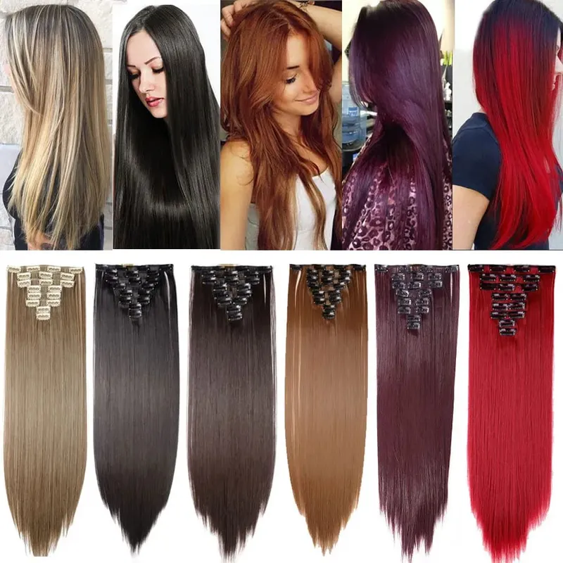 S-noilite Syntetisk 8 Stk/SÆT 24 tommer Clip In One Piece Hårforlængelse Lang Lige Bølget 53 Farve Sort Blond Clip Hårstykke