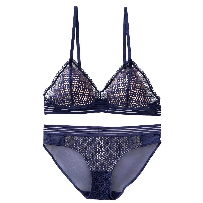 Sexy Hollow Out Lace Triangle Bra and Panties Set Underwear Soft Thin Cup Wireless French Bra Lingerie Women 2020 New