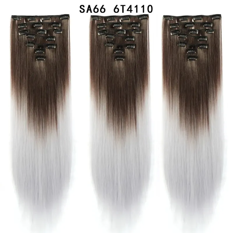 22 Polegada 16 clipes longos e retos extensões de cabelo sintético clipes em fibra de alta temperatura preto marrom ombre hairpiece budabuda