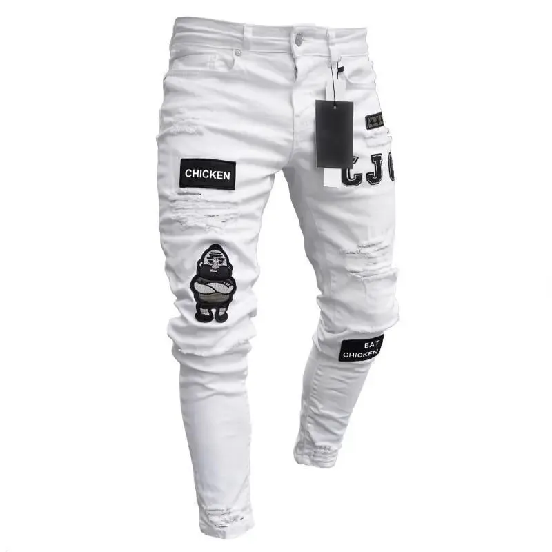 Mga Lalaking Stretchy Ripped Skinny Biker Embroidery Cartoon Print Jeans Destroyed Hole Slim Fit Denim High Quality Hip Hop Black Jeans
