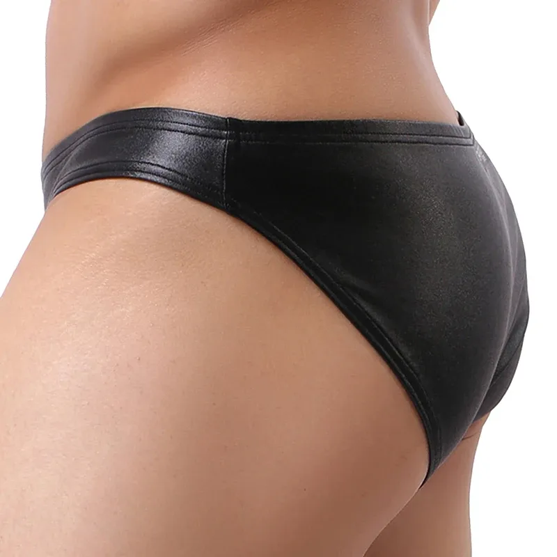 Male's Briefs Faux Leather Jockstrap Stretch Briefs Pouch Panties Underwear Low Waist Soft Male Underpants