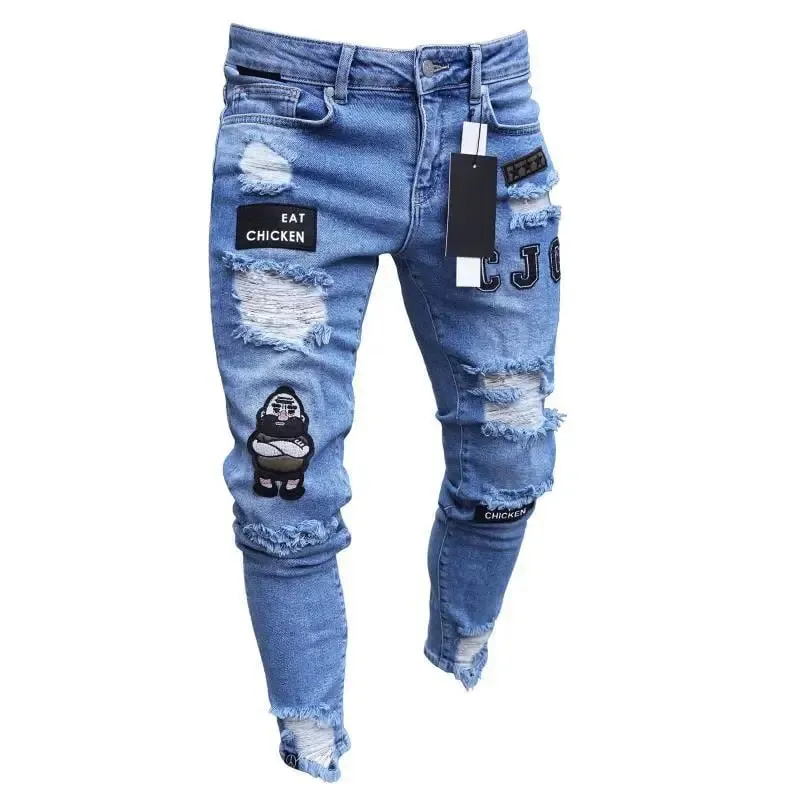 Mga Lalaking Stretchy Ripped Skinny Biker Embroidery Cartoon Print Jeans Destroyed Hole Slim Fit Denim High Quality Hip Hop Black Jeans