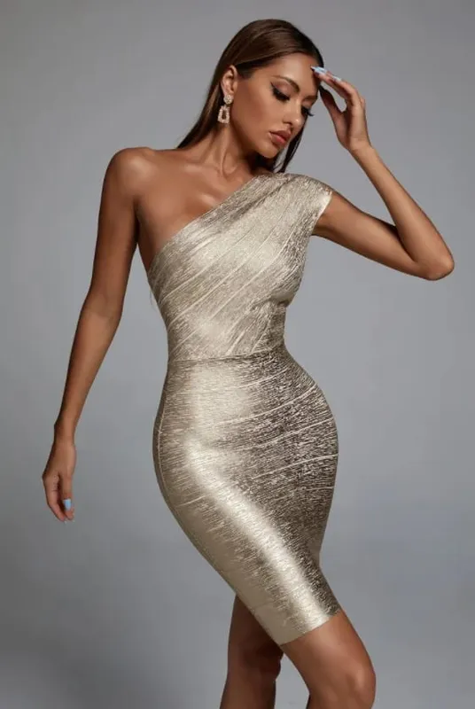 คุณภาพสูงคนดังหนึ่งไหล่Foilingทองพิมพ์เรยอนผ้าพันคอElegant Club Party Dress Vestidos