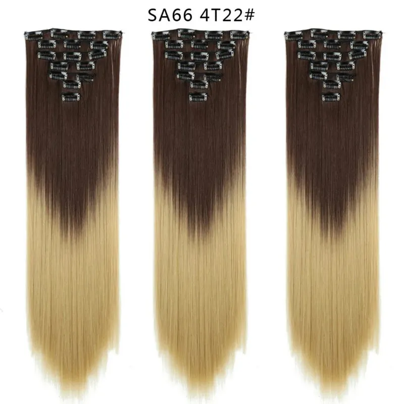 22Inch Synthetic Long Straight Clip In Hair Extensions 16 Clips For Women Fake False Hair Pieces Ombre Black Blonde Styling Hair