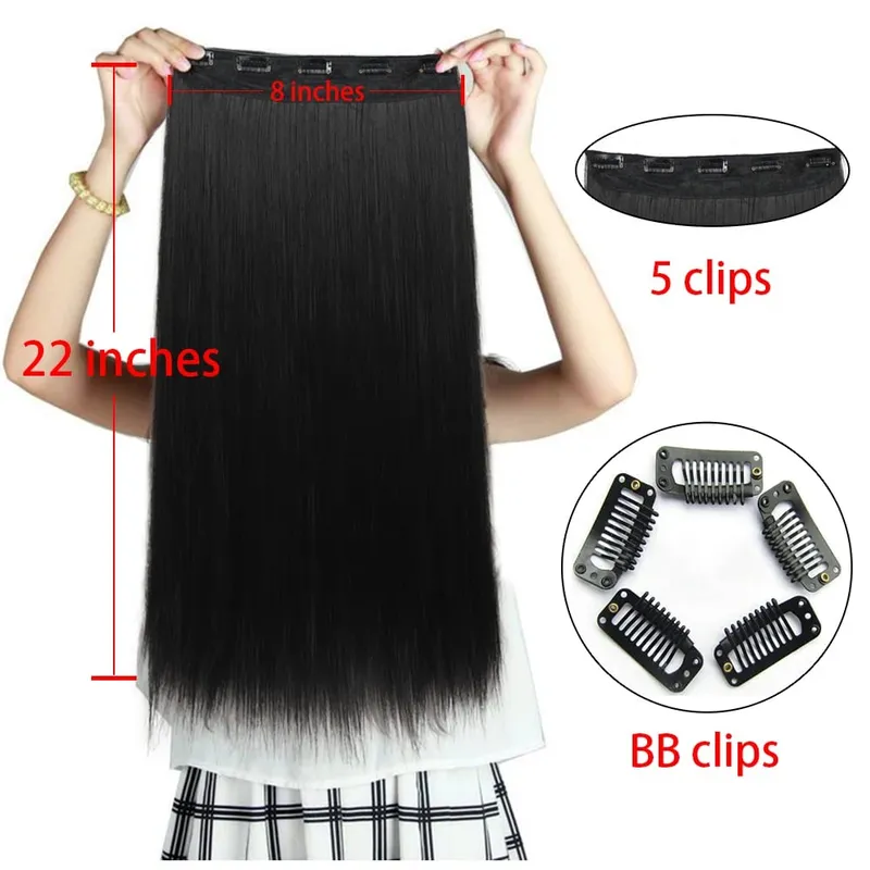 Azqueen Synthetic 5 Clips in Hair Extension Long Straight Hairpiece Haistyle high temperature fibert Golden brown black