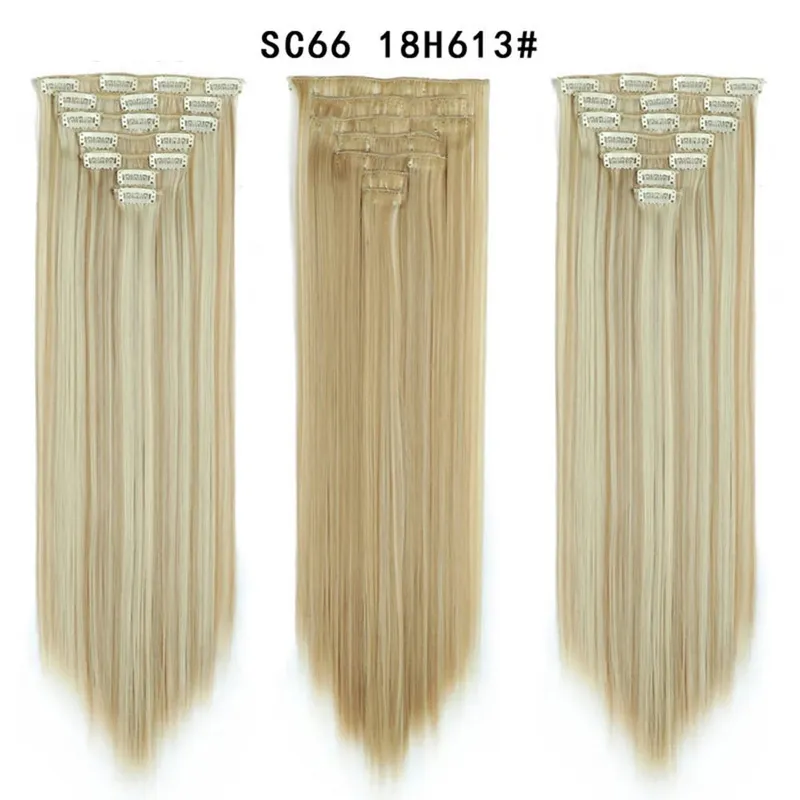 22 Polegada 16 clipes longos e retos extensões de cabelo sintético clipes em fibra de alta temperatura preto marrom ombre hairpiece budabuda
