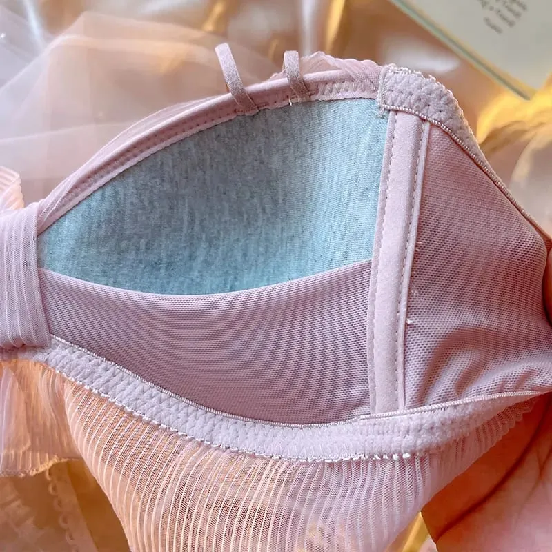 Dessous Mädchen Fee Schleife Chiffon Dünner Stil Niedlich Kein Stahlring Dreieck Körbchen BH Set Damen Große Größe Bralette Höschen 2tlg