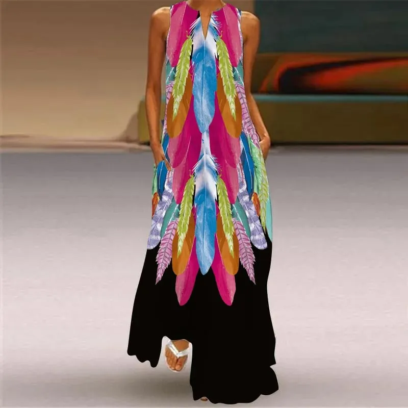 Sexy V-neck Sleeveless Dress For Women Summer Fashion Sundress Retro Print Long Dresses With Pocket Maxi Dress Femme Vestidos