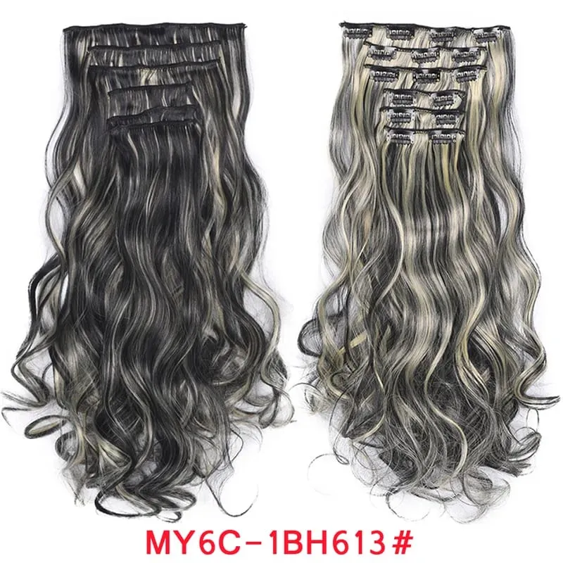 Long Wavy Hair Extensions Synthetic Clip In Hair Extensions Ombre Honey Blonde Dark Brown Thick Hairpieces 6pcs/set 20 Inch