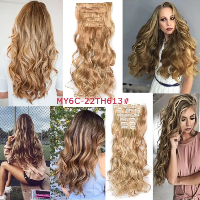 Long Wavy Hair Extensions Synthetic Clip In Hair Extensions Ombre Honey Blonde Dark Brown Thick Hairpieces 6pcs/set 20 Inch