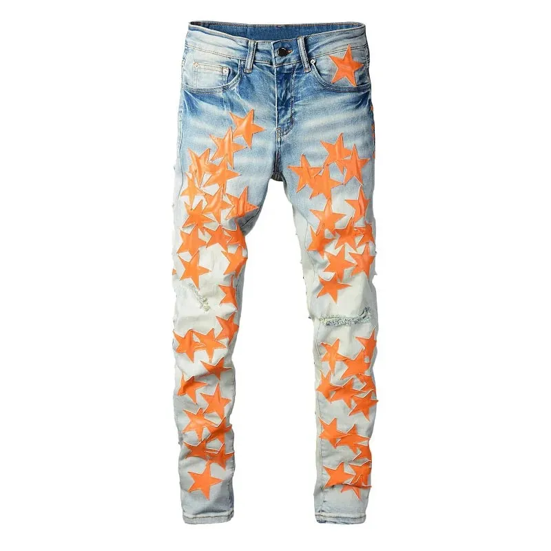 Män Läder Stars Patches Jeans Streetwear Slim Skinny Stretch Denim Pencil Byxor Hål Ripped Patchwork Avsmalnande byxor