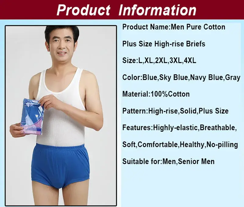 Men Briefs High Waist 100%Cotton Men Underwear Plus Size Cueca Masculina Soft Underpants Breathable Panties L-4XL For Daddy