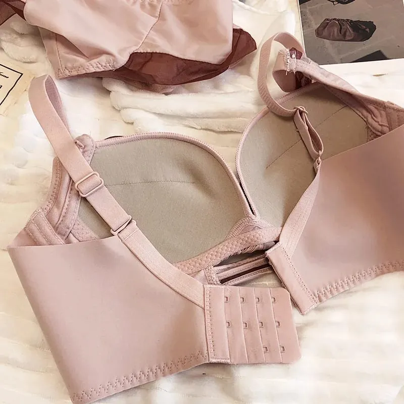 75-90 BC Cup Women Bra And Panties Set Seamless Underwear Chiffon Smooth Contrast Color Female Wire Free Push Up Sexy Lingerie