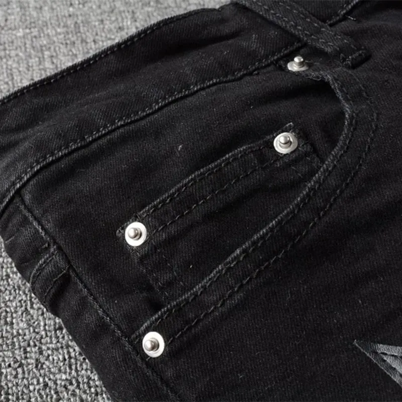 Panlalaking Leather Stars Patch Jeans Black Stretch Denim Pencil Pants Slim Skinny Patchwork Pantalon — image 4