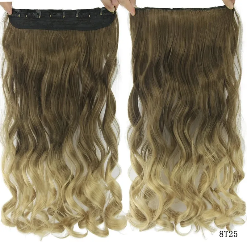 Soowee Lange schwarze bis graue lockige synthetische Haar-Ombre-Haar-Clip-In-Haarverlängerung, gefälschte Clip-Ins-Haarteile für Frauen