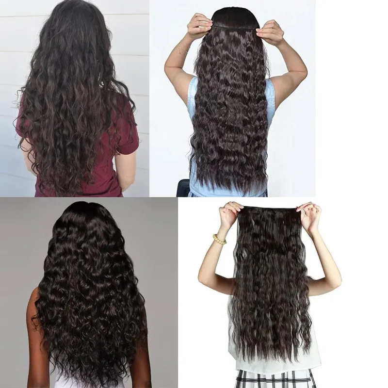 Synthetic Long Wave 5 Clips Hair Extensions Clips in High Temperature Fiber Black Brown Hairpiece