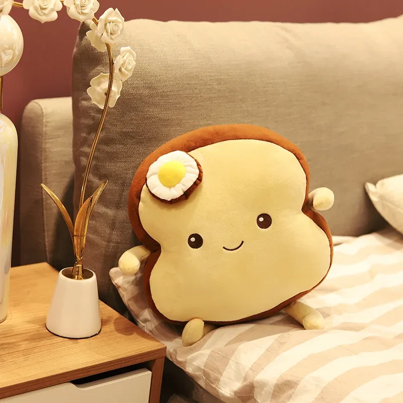 Almohada de felpa con forma de huevo frito de 25/35cm, almohada de pan tostado, peluche de comida marrón quemada sonriente, cojín de apoyo para la espalda, decoración, regalo tranquilizador
