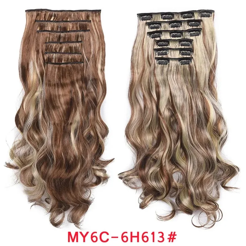 Long Wavy Hair Extensions Synthetic Clip In Hair Extensions Ombre Honey Blonde Dark Brown Thick Hairpieces 6pcs/set 20 Inch