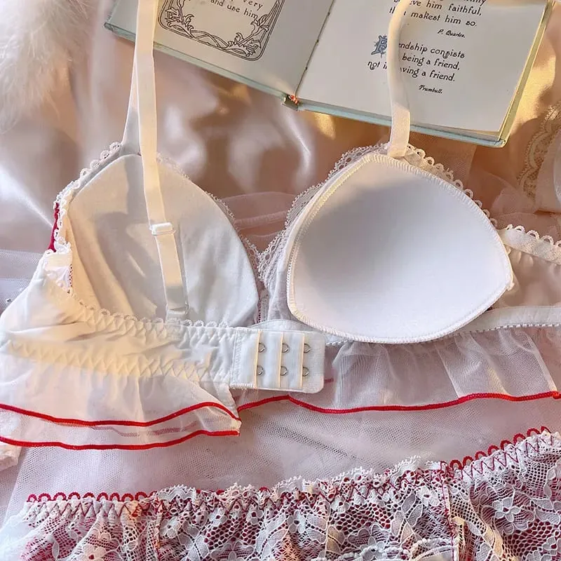Dessous Mädchen Fee Schleife Chiffon Dünner Stil Niedlich Kein Stahlring Dreieck Körbchen BH Set Damen Große Größe Bralette Höschen 2tlg