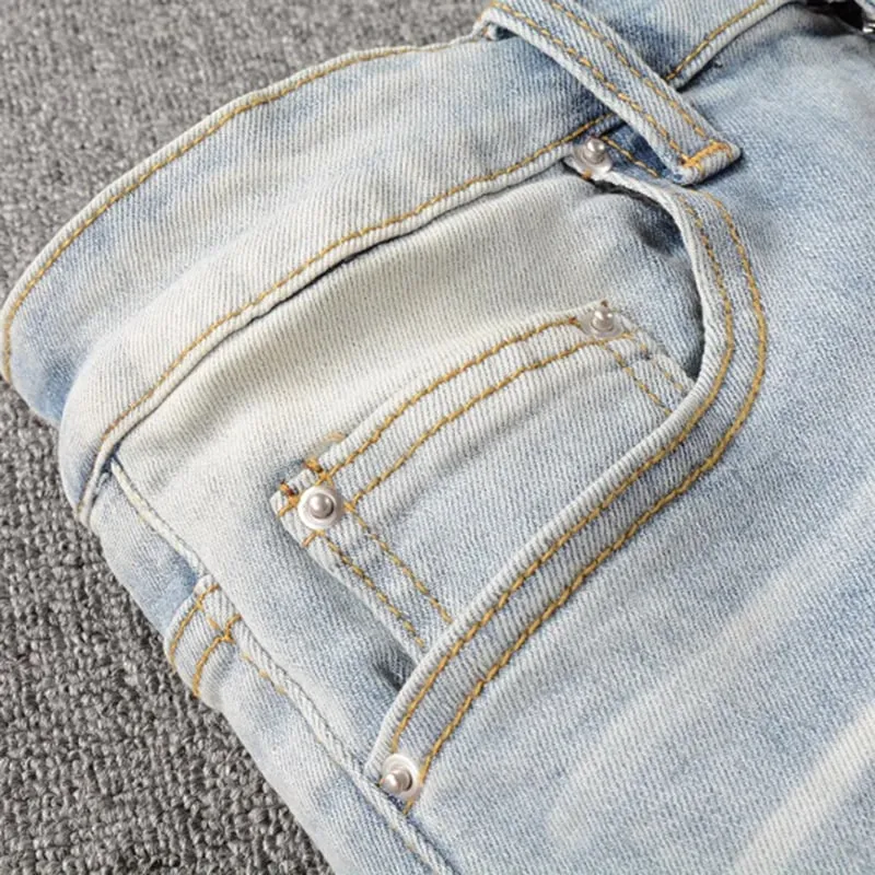 Männer Kristall Löcher Ripped Patchwork Jeans Streetwear Hellblau Denim Dünne Dünne Bleistift Hosen Hosen