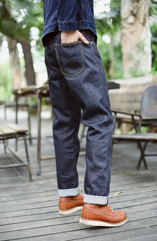 SauceZhan 316XX Casual Selvedge Jeans Raw Denim Jeans Unwashed Selvage Indigo Denim Jeans Straight Mens Jeans