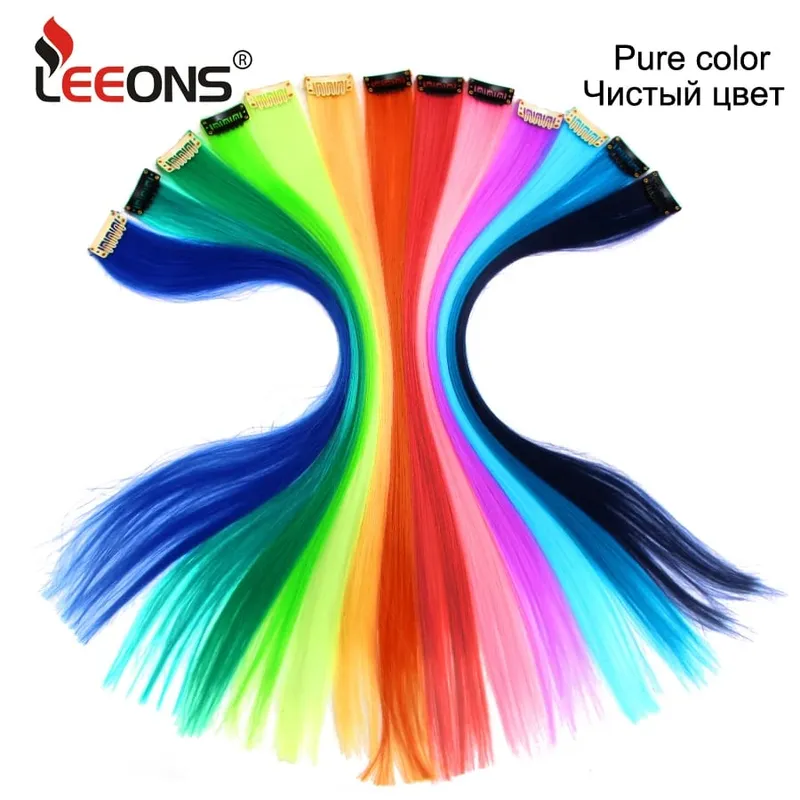 Leeons Clip In Synthetic Hair Extensions Heat Resistant Long Straight Hairpieces One Clips For Women Extension Fake Blue Hair