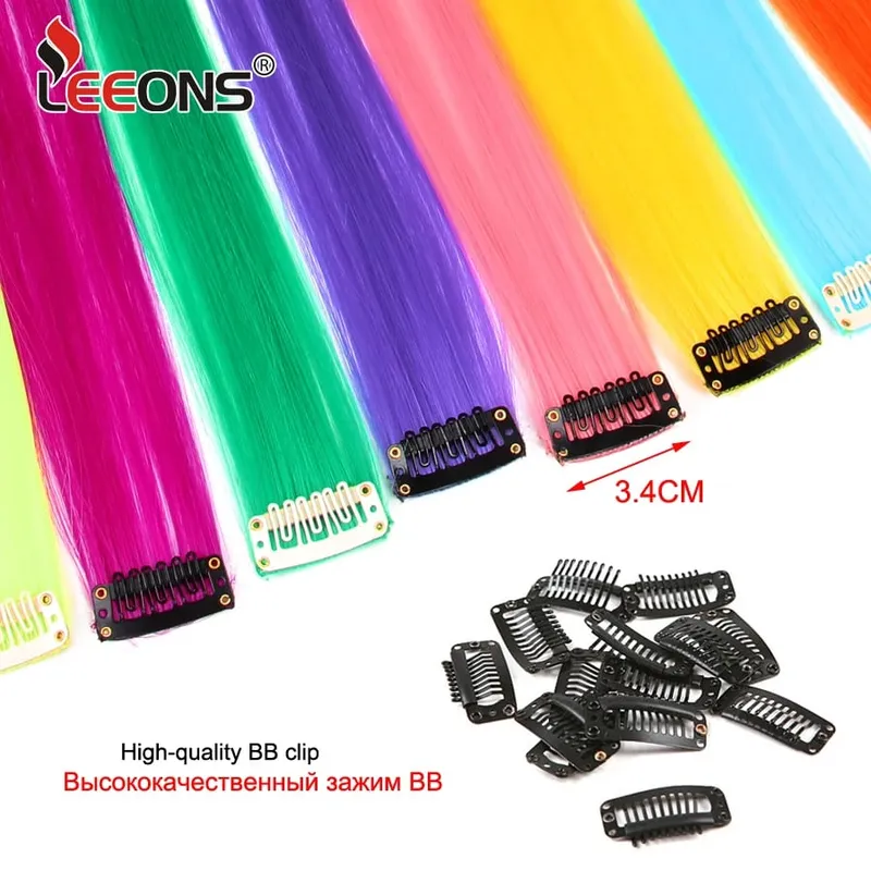 Leeons Clip In Synthetic Hair Extensions Heat Resistant Long Straight Hairpieces One Clips For Women Extension Fake Blue Hair
