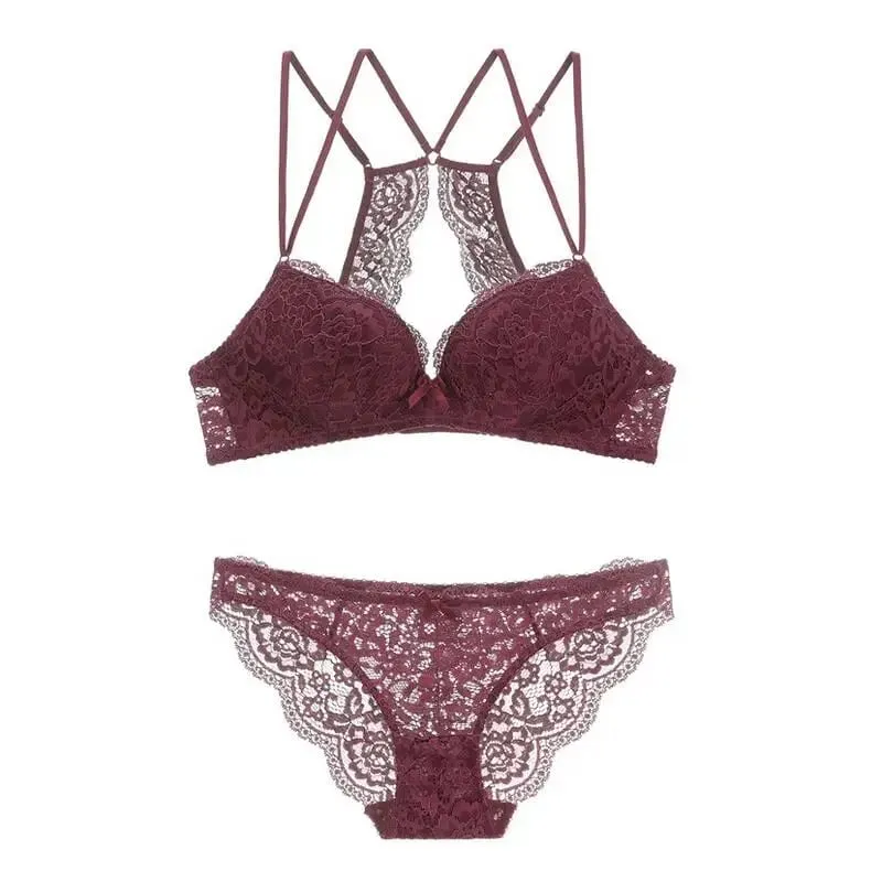 Lace Deep Plunge Double Straps Backless Bra Seamless Wireless Bra and Panty Set Women Underwear without Stones Push Up Lingerie