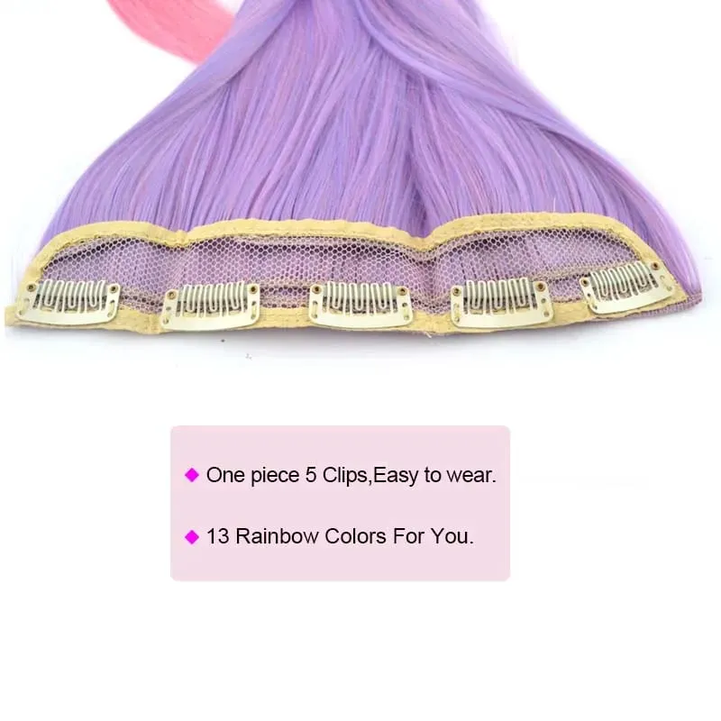 Jeedou Rainbow Hairpieces Clip In Hair Extension Ombre Color One Piece With 5Clips Straight Hair Wig For Girls Halloween Cosplay