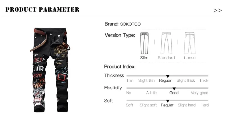 Sokotoo Men's Letters Pattern Printed Black Jeans Fashion Painted Slim Fit Stretch Cotton Denim Pencil Pants