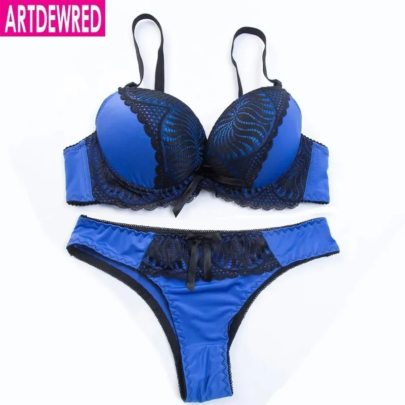 Ensemble de soutien-gorge Push Up, slip Sexy, pantalon, Lingerie profonde en V, sous-vêtements brodés pour femmes, ensemble de soutien-gorge en dentelle à fleurs, sous-vêtements féminins deux quarts — image 3