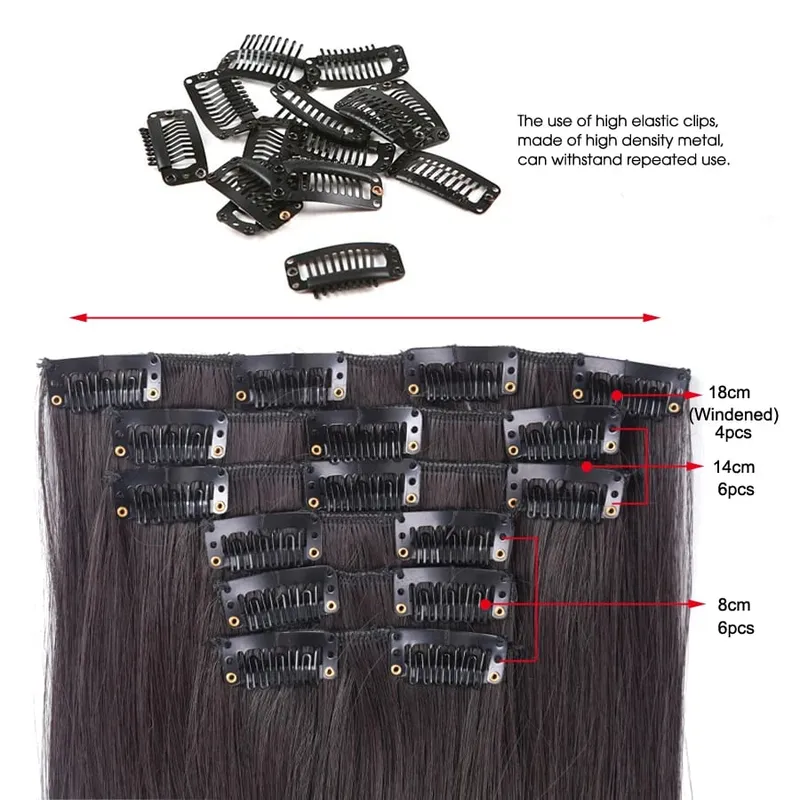 Leeons 16 clipes longos e retos sintéticos clipe em extensões de cabelo cheveux clipe naturel fibra de alta temperatura preto marrom peruca