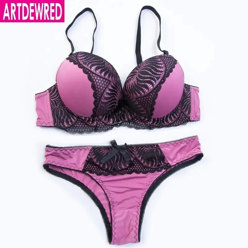 Ensemble de soutien-gorge Push Up, slip Sexy, pantalon, Lingerie profonde en V, sous-vêtements brodés pour femmes, ensemble de soutien-gorge en dentelle à fleurs, sous-vêtements féminins deux quarts — image 2