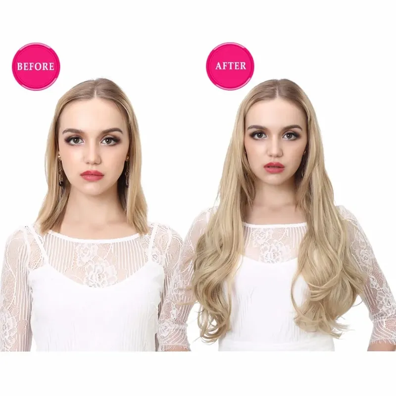 Extension de cheveux synthétiques à Clip en U de qualité supérieure, postiche longue, épaisse et bouclée, Blonde naturelle, faux cheveux résistants à la chaleur pour femmes
